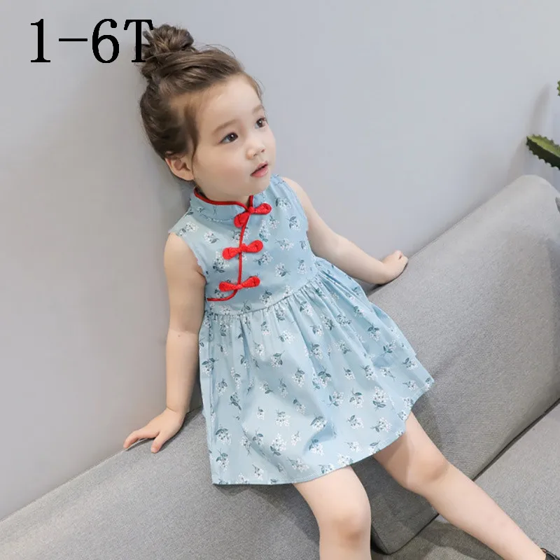Бежевый Китайское платье принцессы Cheongsam; летнее платье для маленьких девочек; детская одежда; милое хлопковое платье принцессы без рукавов с цветочным принтом - Цвет: Бежевый