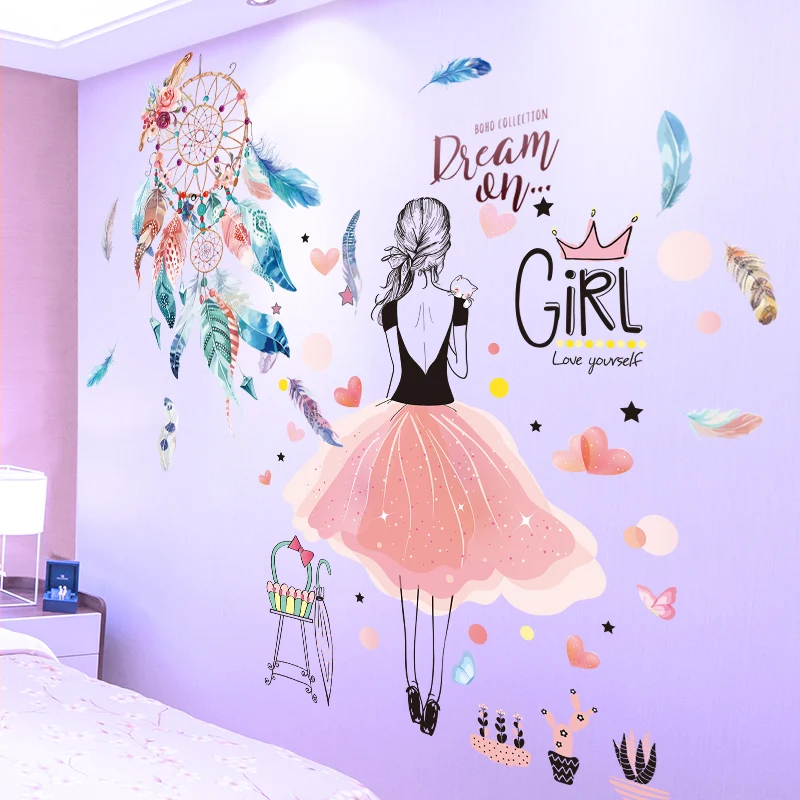 

[SHIJUEHEZI] Cartoon Girl Wall Stickers Vinyl DIY Dreamcatcher Feathers Mural Decals for Kids Rooms Baby Bedroom Home Decoration