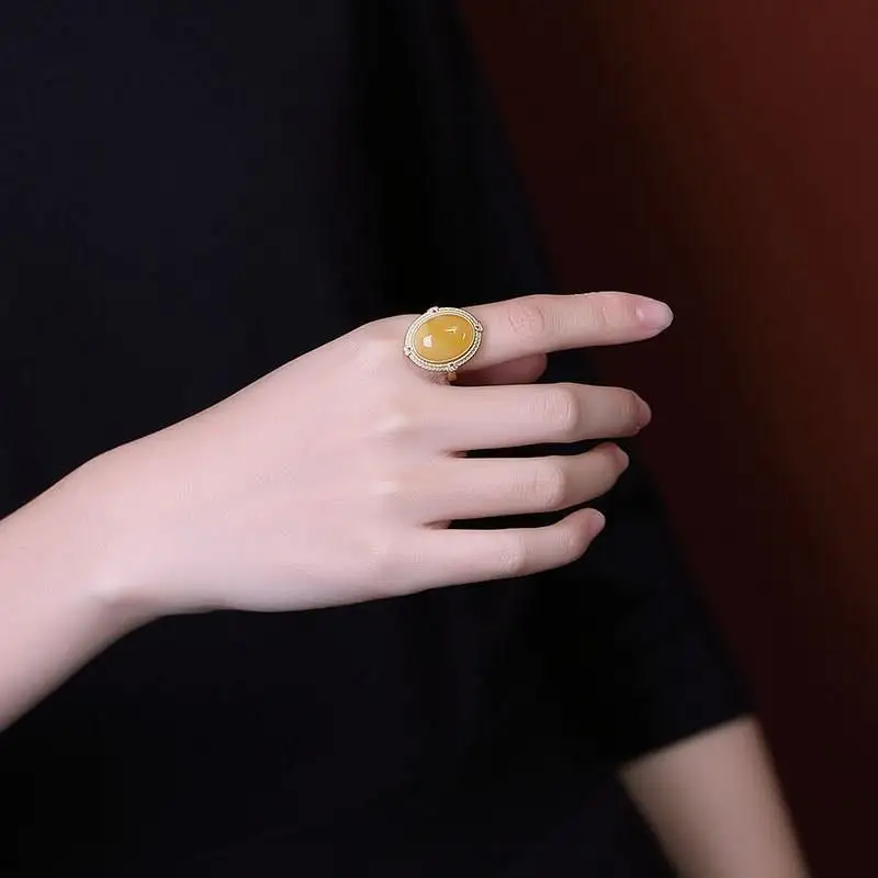 

Designer original natural Hetian jade opening adjustable ring fashion trend wild simple classic ladies jewelry
