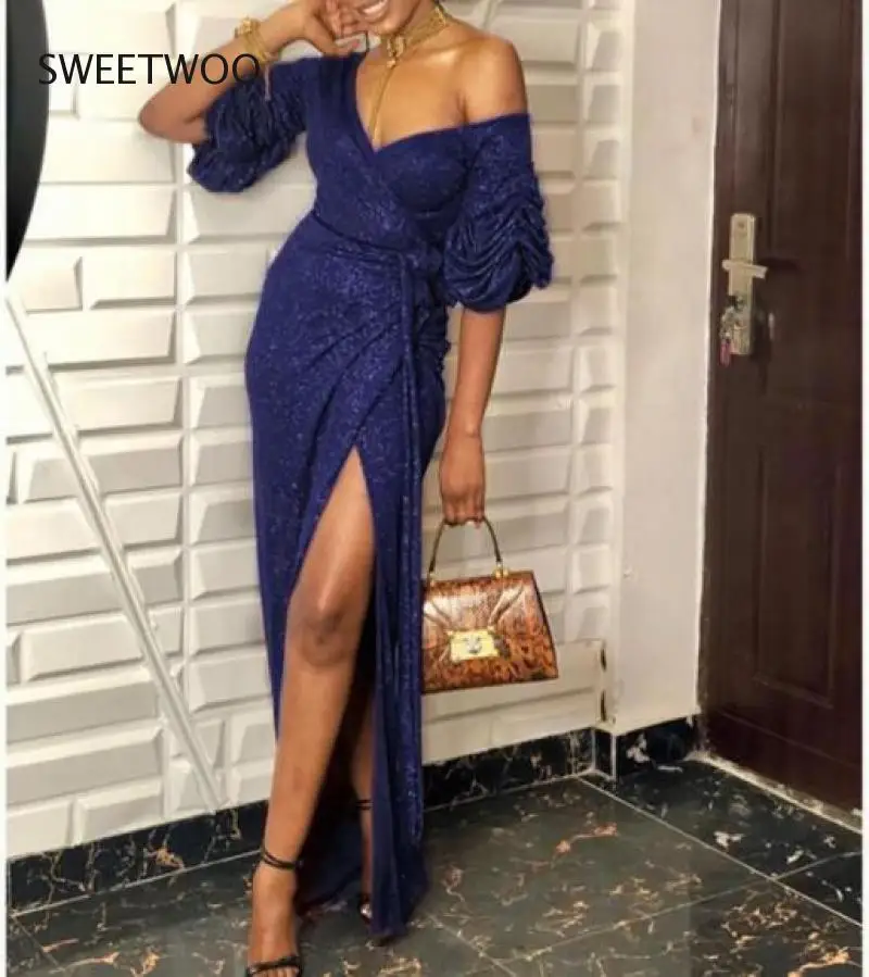 

High slit long wrap dress female half sleeve high waist shinny dresses autumn elegant club sexy party dress