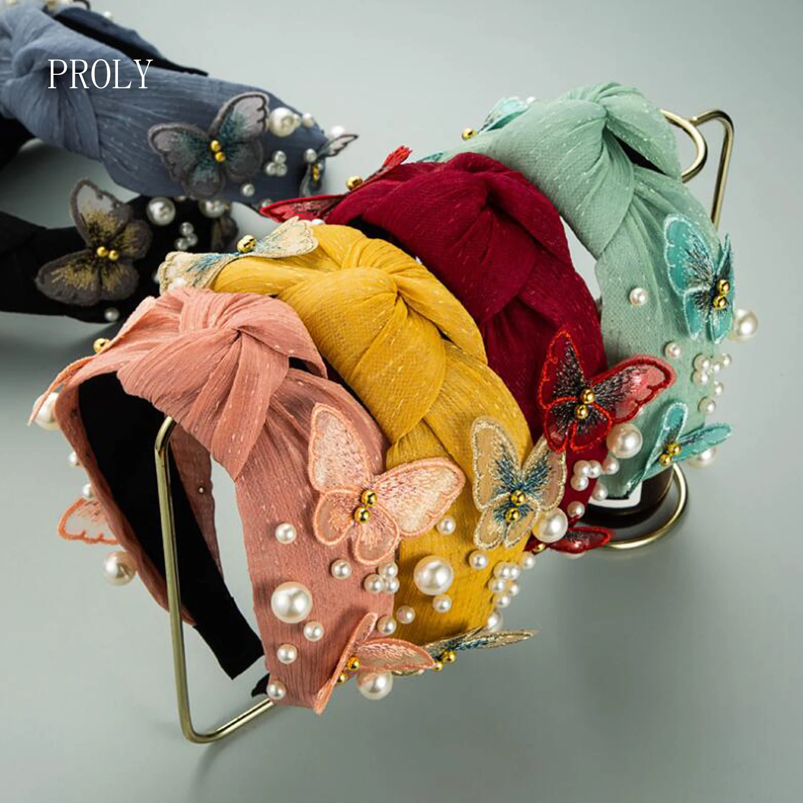 

PROLY New Fashion Women Headband Wide Side Hairband Fresh Butterfly Pearls Headwear Center Knot Soft Hair Accessories