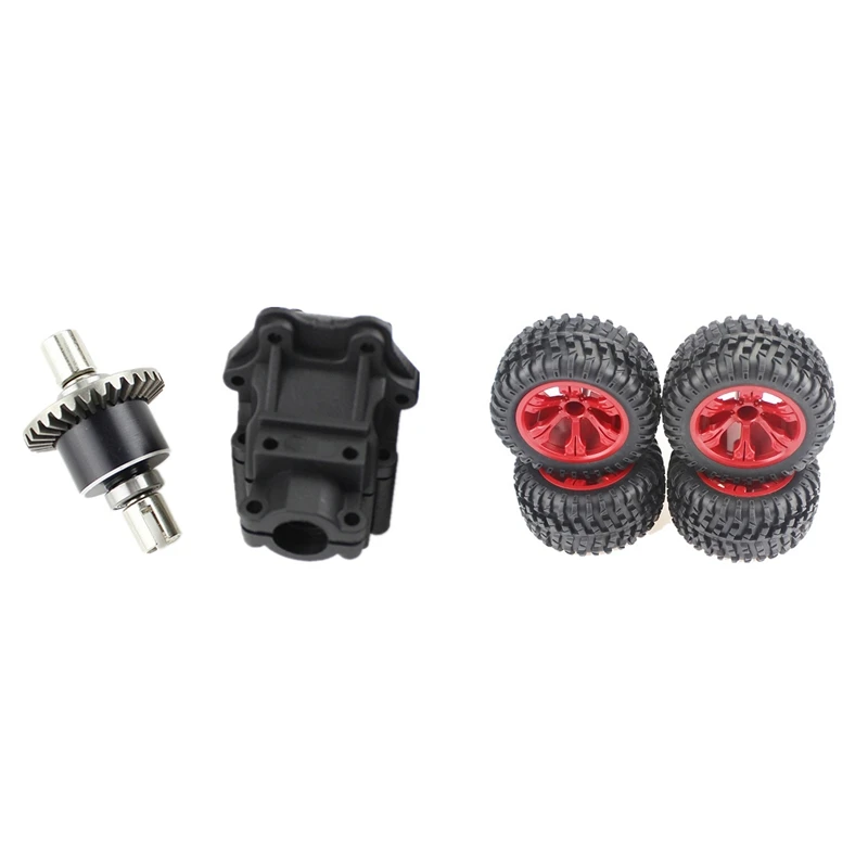 

2 Set RC Car Part: 1 Set Full Metal Differential Plastic Gear Box Wave Box & 1 Set Wheel Rim Large Tire Widened Tyres