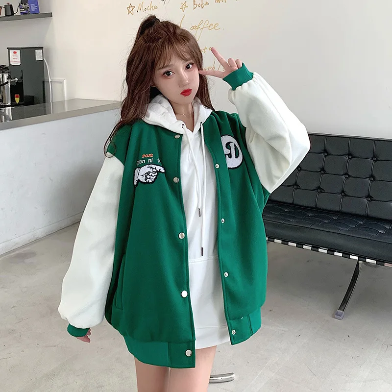 

Baseball Varsity Jacket Women Letter Embroidery Patchwork College Jackets Casual Autumn Korean Streetwear Coats Female 2021
