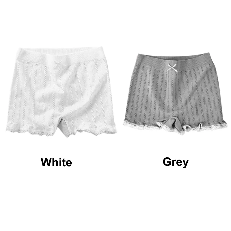 White Grey Женские Эластичные облегающие шорты, кружевные хлопковые шорты для мальчиков, под юбку, безопасные штаны для мальчиков, шорты с бантом, под брюки, боксеры, Mujer - Цвет: White Grey