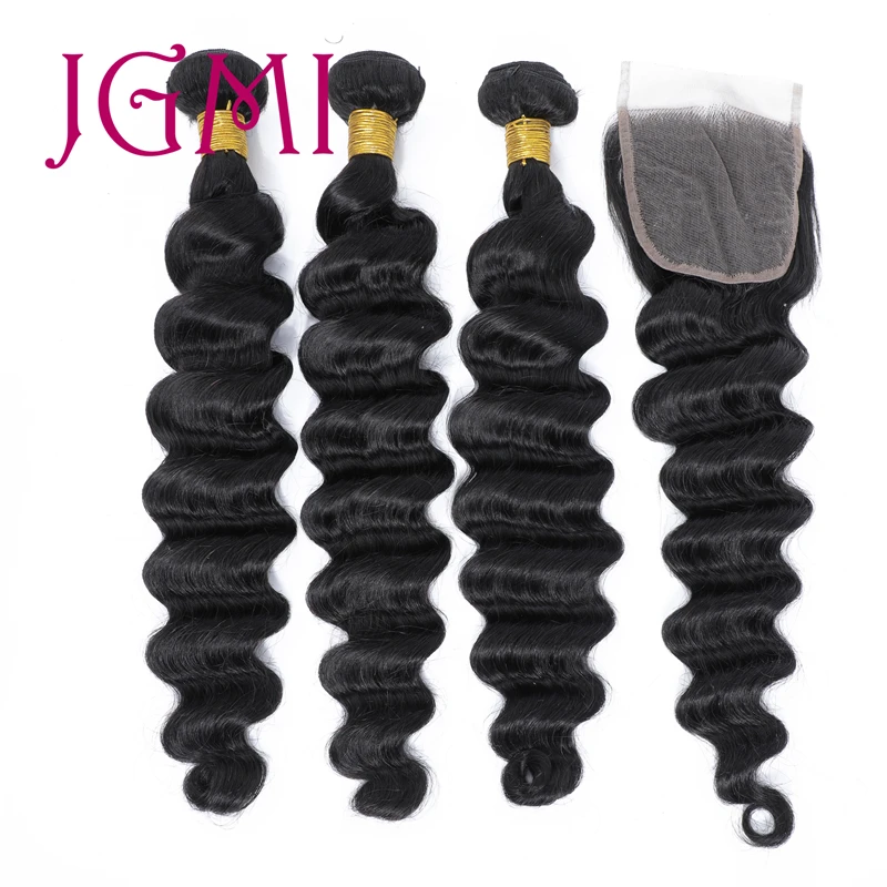 

JGMI Loose Deep Wave Remy Brazilian Weave Human Hair Bundles Extension With 4x4 Lace Closure for Black Women Weft Free Part