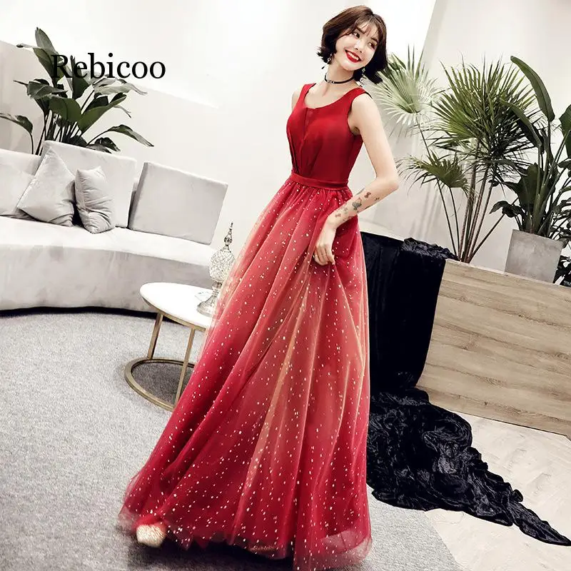 

2019 real photo evening gowns for women elegant red starry sky dress long sexy sleeveless dress