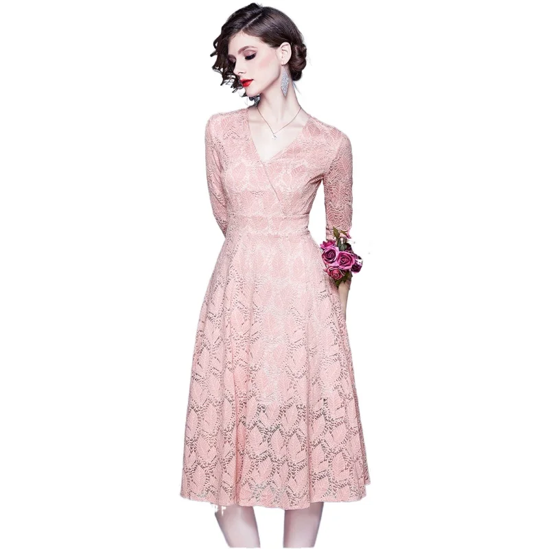 

Simgent V-Neck Dress Fashion Women New Long Sleeve A Line Casual Elegant Flared Lace Dress Vestidos Robe Femme Jurken SG0032721