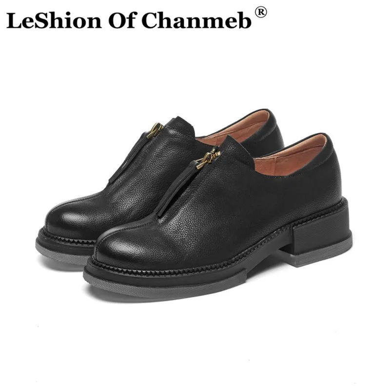 

LeShion Of Chanmeb Top Quality Natural Genuine Cow Leather Loafers Shoes Women Front Zipper Round Toe Spring Black Brown Shoe 42