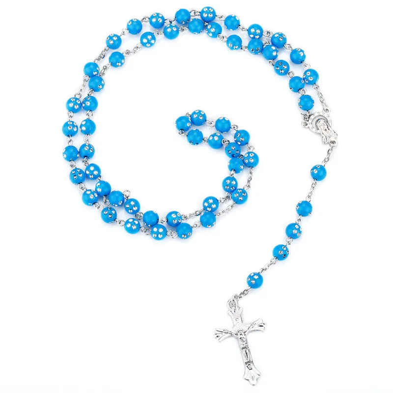 

8MM Fashion Religious Unisex Catholic Christian Women Jesus Christ Long Pendant Acrylic Beads Diamond Cross Rosary Necklace