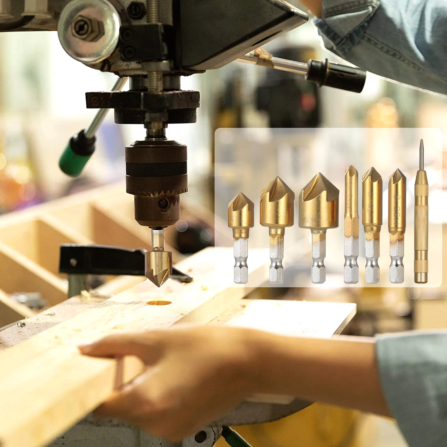 

6pcs 90 Degrees Five Blade High Carbon Steel 1/4-inch Hexagonal Shank Five Edge Chamfer Countersink Set 6-19mm with Center Punch