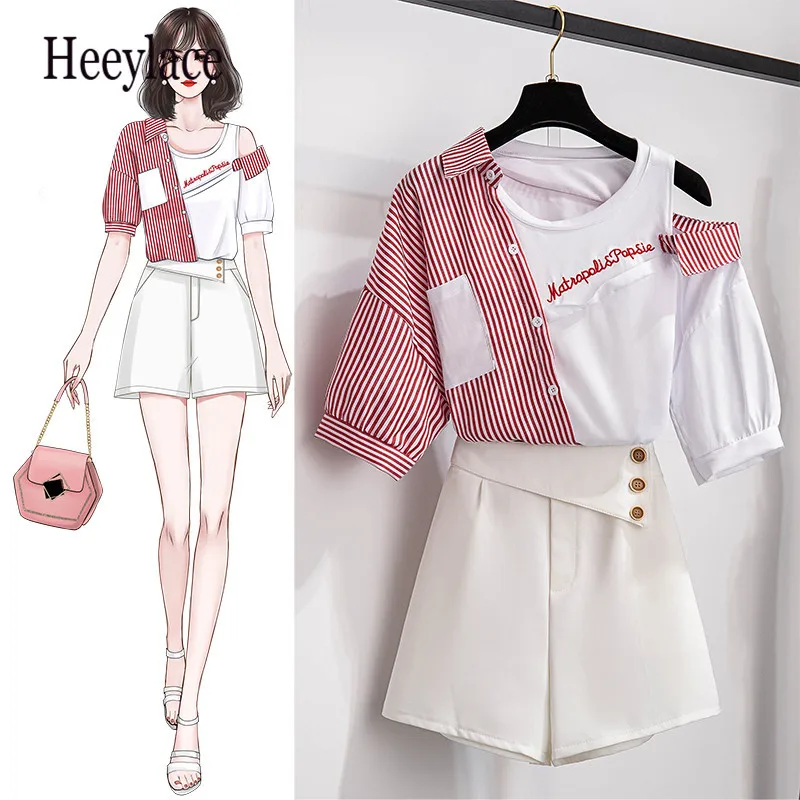 

2 pieces shorts sets summer Sweet Korean off shoulder striped patchwork tops and shorts 2 pieces sets women two pieces outfits