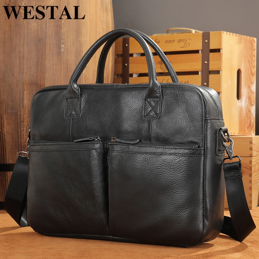 WESTAL Men's Briefcase Bag Business Handbag Messenger Bags Men's Travel Bags Genuine Leather Bag For Laptop 15.6 Inches 8331