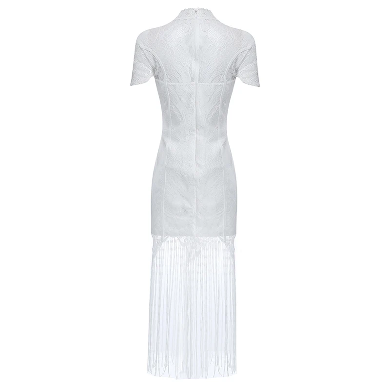 

Beateen Sexy Floral Lace Cut Out O-Neck Short Sleeve Bandage Fringe Sheath Dress 2019 New Fashion Women Party Vestidos White
