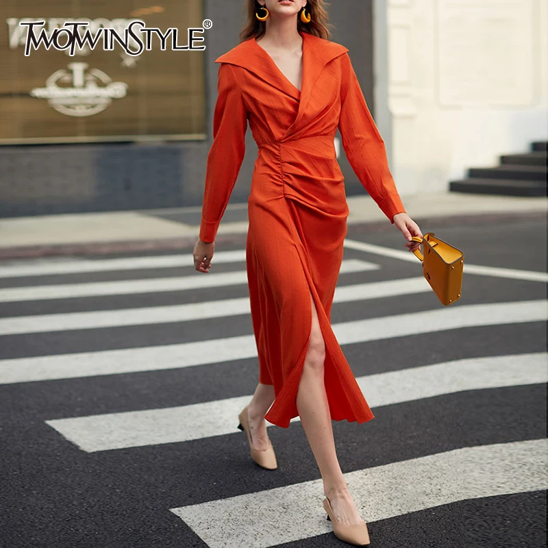 

TWOTWINSTYLE Orange Dress For Women Slim High Waist Tunic Split Frill Trim V Neck Long Sleeve A Line Dresses Female 2021 Autumn