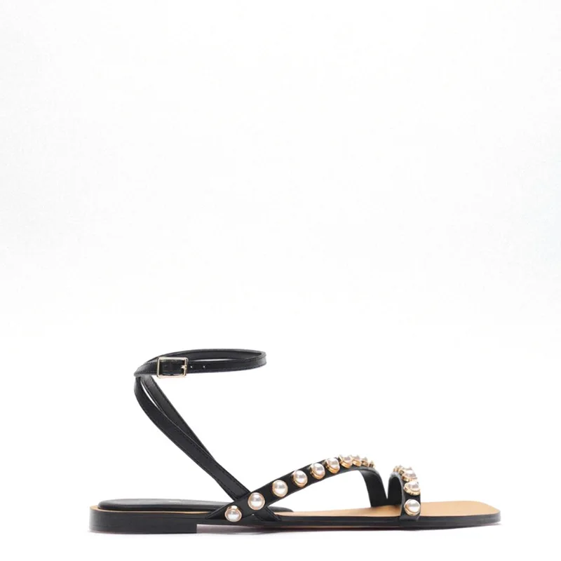 

summer new women's shoes black pearl inlaid Beaded flat sandals one line open toe low heel ROMAN SANDALS