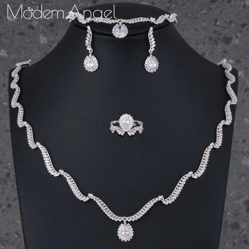 ModemAngel Роскошный цветок AAA кубический цирконий ожерелье браслет серьги кольцо Модный комплект женское платье обручальное свадебное