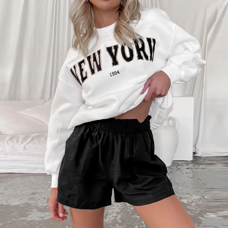 

White New York Print Women Sweatshirt 2021 Autumn New O Neck Long Sleeve Casual Loose Streetwear Female Sweatshirt Pullover Tops