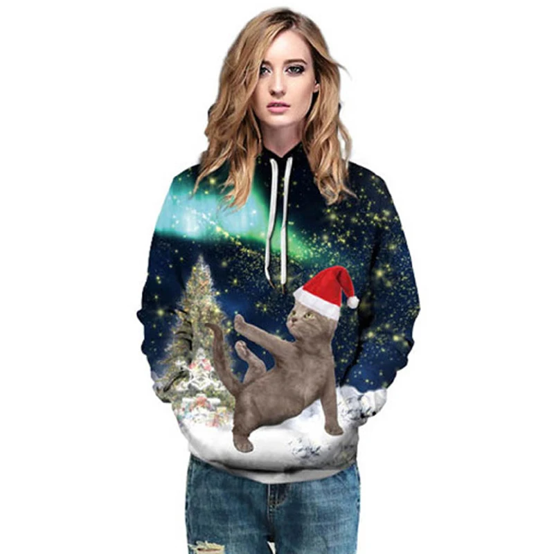 Размера плюс кот печать Рождество Женщины Мужчины влюбленные толстовки INS Spoof с