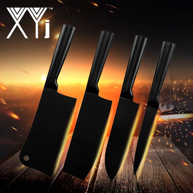 XYJ набор кухонных ножей японский " Santoku 5" Универсальный 6," нож шеф-повара Держатель ножей из нержавеющей стали черное лезвие инструменты для приготовления пищи
