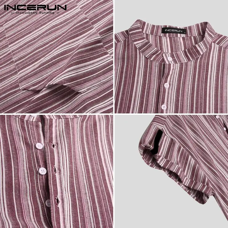 

INCERUN Men Jubba Thobe Muslim Clothes Cotton 2021 Short Sleeve Striped Stand Collar Casual Robe Abaya Men Islamic Arabic Kaftan