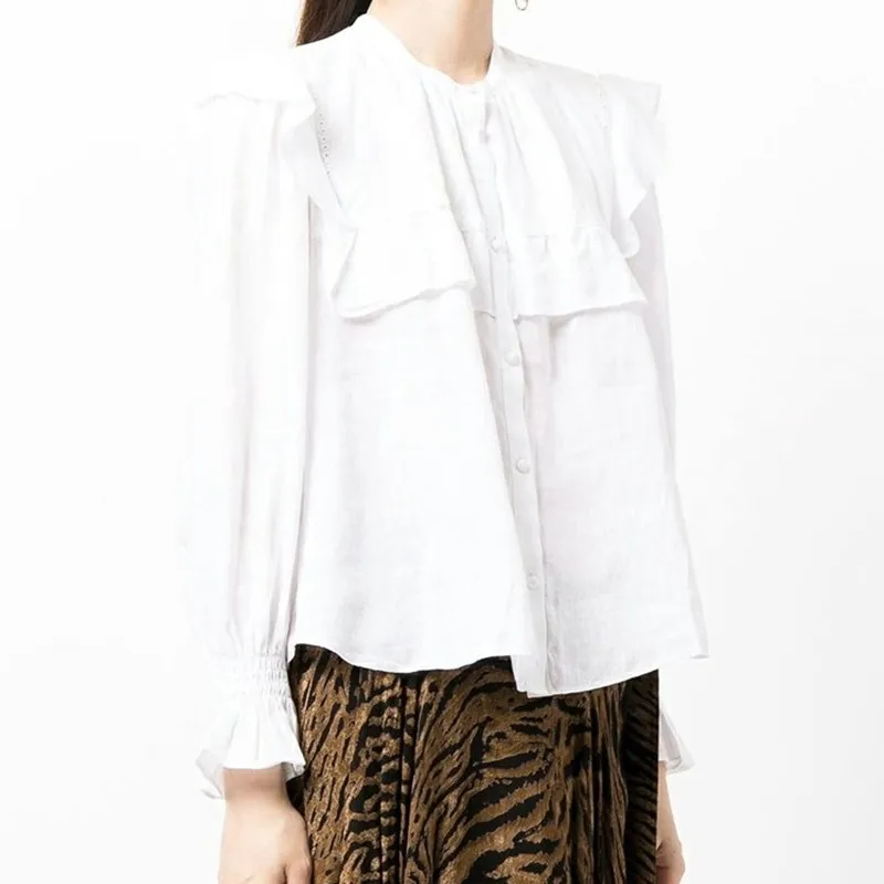 

Женская льняная Блузка с оборками, простые однобортные рубашки белого и черного цвета с длинным рукавом и воротником-стойкой, осень 2021