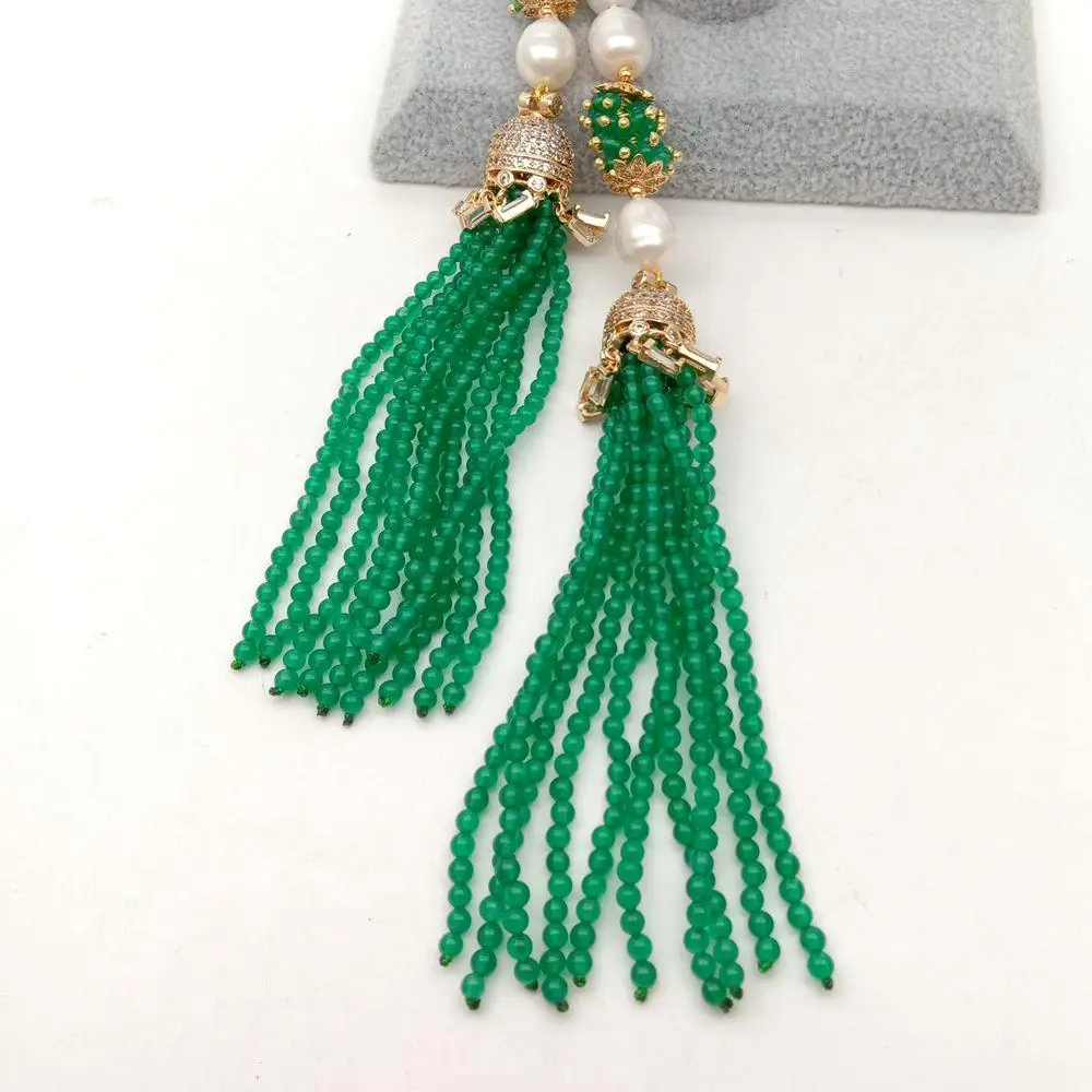 Y·YING 51'' Cultured White Rice Pearl Green stone Tassel CZ Pave Pendant Long Necklace sweater necklace for party women gift |