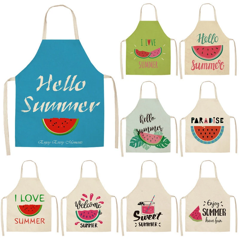 

1Pcs Watermelon Letter Printed Kitchen Aprons 53*65cm Unisex Home Cooking Baking Shop Cotton Linen Cleaning Bibs WQL0004