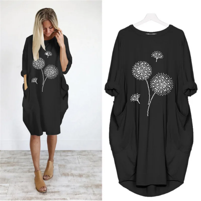 

6601 Spring Women Dresses Floral Printed Dandelion Long Sleeve Cotton O-Neck Pocket A-Line Skirt Loose Ladies Vestido Robe Femme