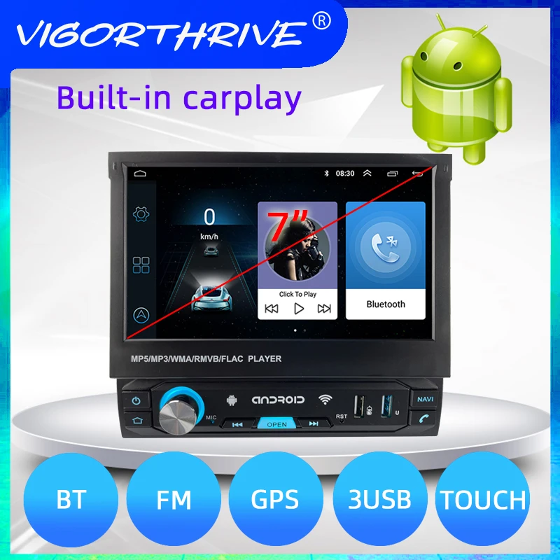 

Автомагнитола vigorsmart 1 Din, GPS, Bluetooth, Wi-Fi, FM, выдвижной экран, 3USB, 7-дюймовый MP5 плеер, Mirror Link, Carplay, Android