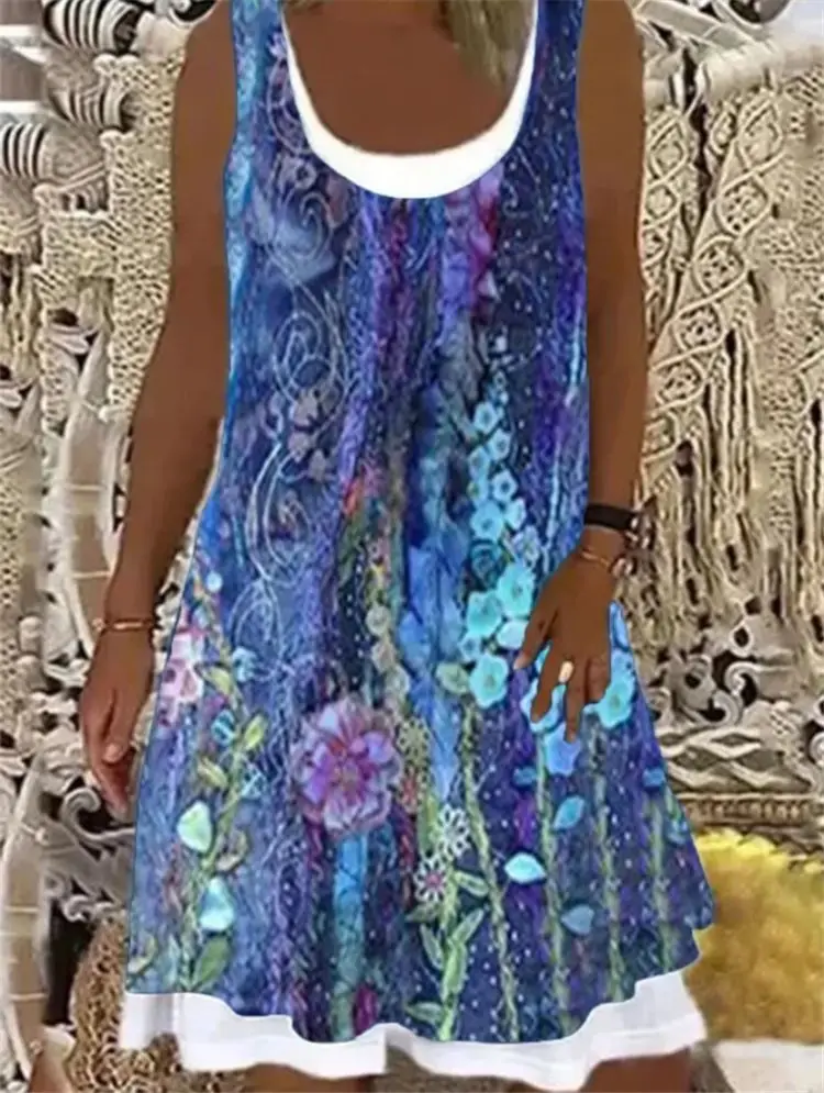 

2021 Summer Women Vest Dress Printing Sleeveless Fake Two Piece Dresses Plus Size 3XL Female Boho Loose Dress Vestido Sundress