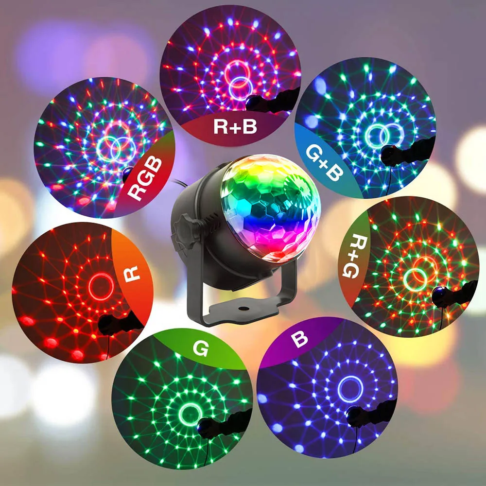 

Sound Activated Rotating Disco Ball DJ Party Lights 3W 3LED RGB LED Stage Lights For Christmas Wedding sound party lights