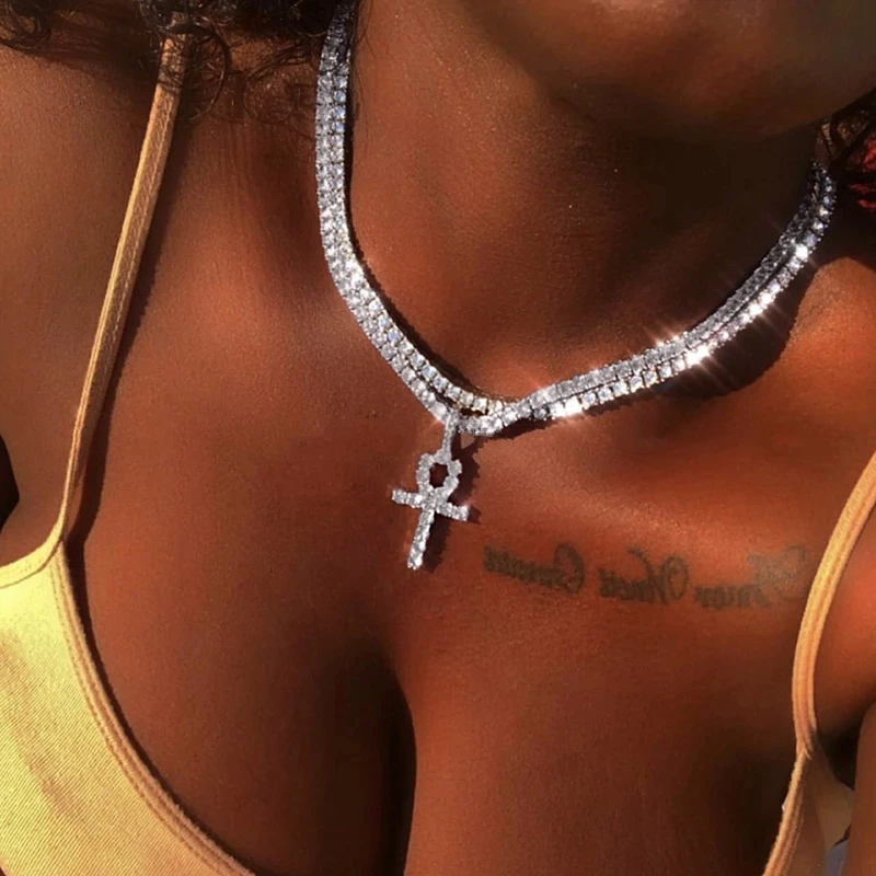 

Iced Out Crystal Ankh Cross Pendant Tennis Necklace For Women Shining Butterfly Rhinestone Clavicle Chain Choker 2021 New Jewely