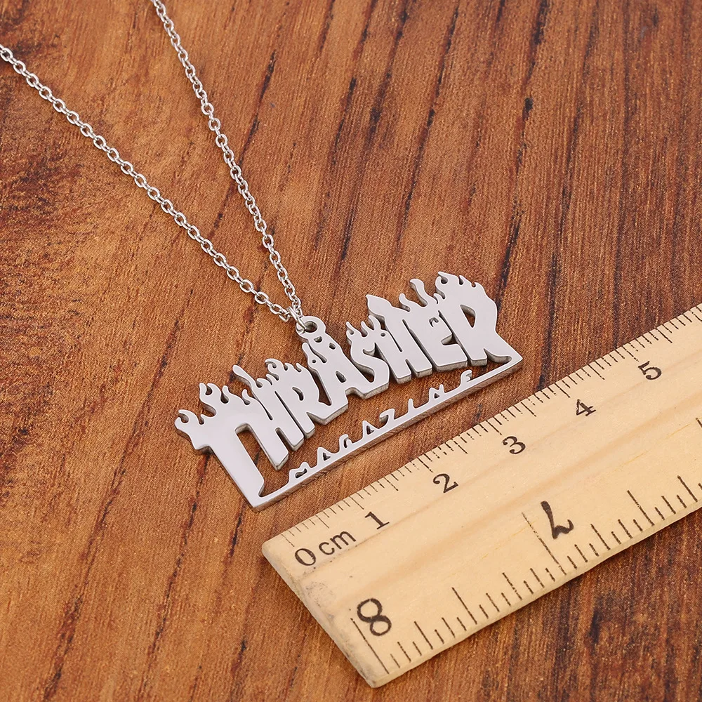 

Thrasher Magazine Flame Pendant Necklace Men Hip-Hop Rock Titanium Stainless Steel Gold Chain Necklace Fashion Man Jewelry