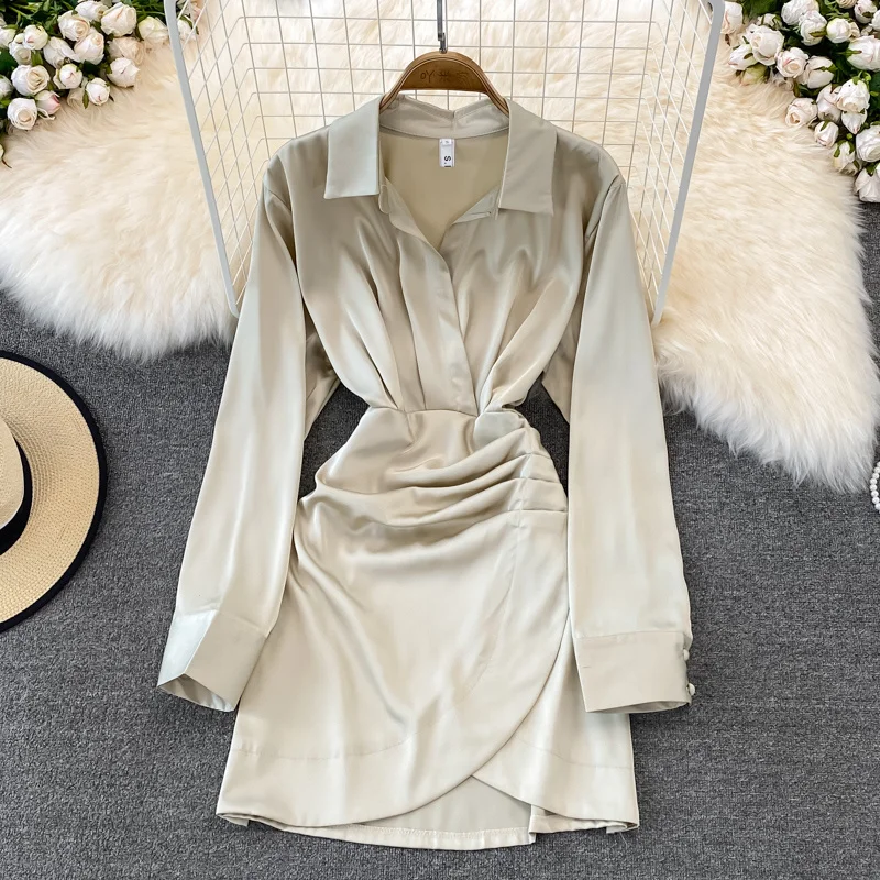 

2022 Spring Fashion Women Dress Solid Turn down Collar Long Sleeve Slim Waist Folds Criss-cross A-line Casual Female Short Dress
