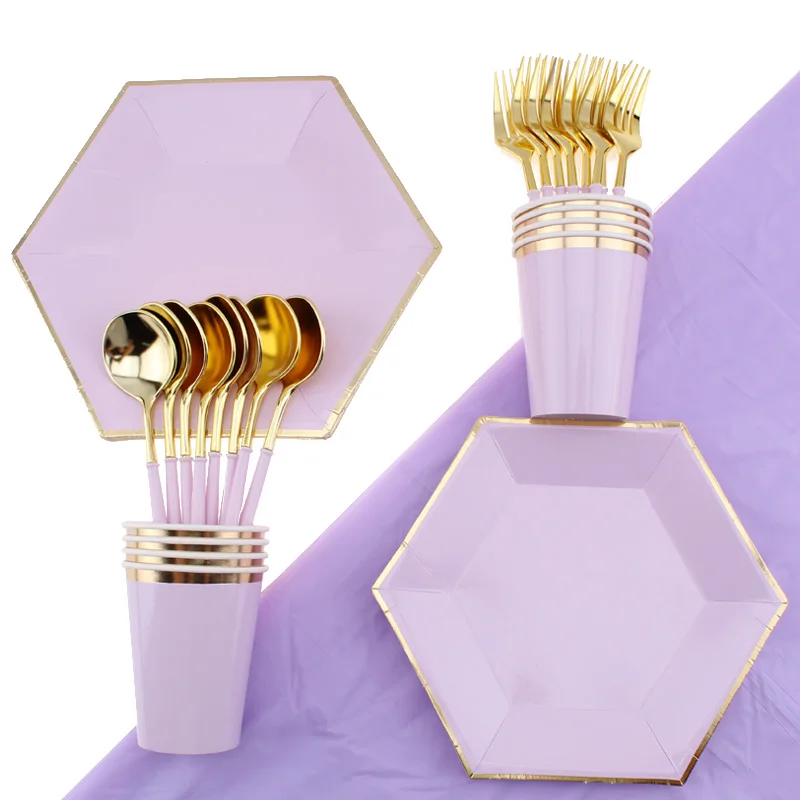 Набор одноразовой посуды тарелки для свадебного украшения фиолетовая серия