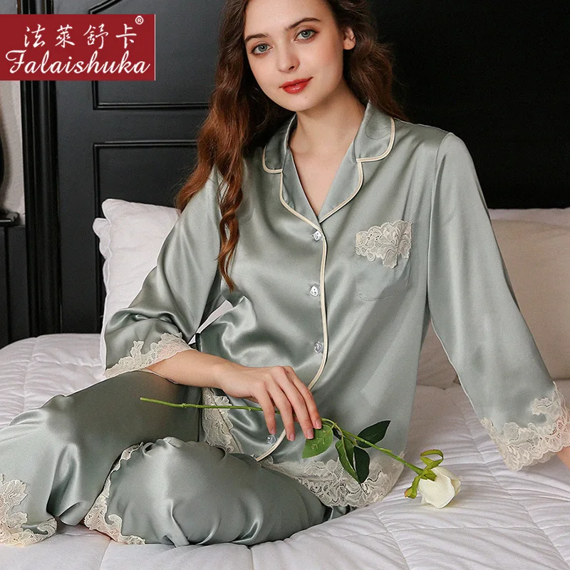 100% Silk Pajamas Sets Women Two Piece Pajama Set Homewears Lady Red Pink 2021 Summer Spring Lady Home Wears Sleepwear