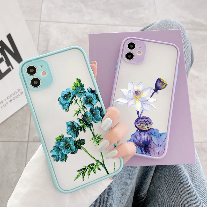 

Purple Flower Phone Case for iphone 12 11 14 Pro Max for iphone 6 7 8 Plus SE2 X XS MAX XR Shockproof Back Mint Blue back Cover