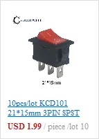 10 шт./партия KCD1 15*10 SPST 250V 3A 2 Pin Красный переключатель для лодки кнопка включения выключения