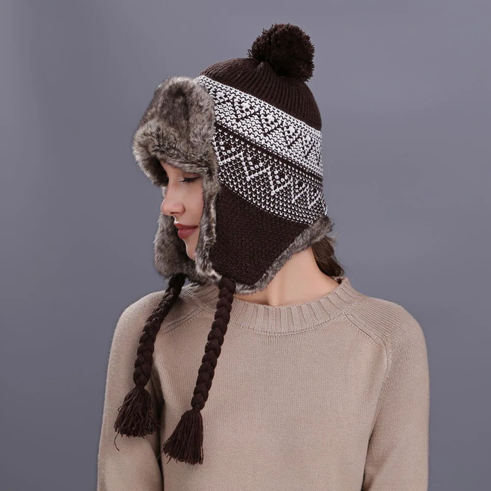 Мужская и женская теплая зимняя вязаная шапка Кепка в стиле хип хоп с ушами
