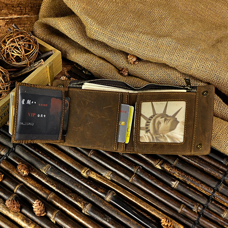 2021 New Men Male design Vintage Crazy Horse Real leather Card Cash Gift Print Name Horizontal Wallet Zipper Slim Purse 1003 | Багаж и