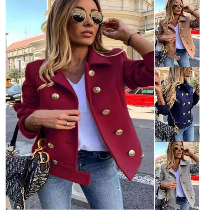 

Burst autumn winter slim long sleeve double breasted suit collar wool jacket warm and comfortable short coat