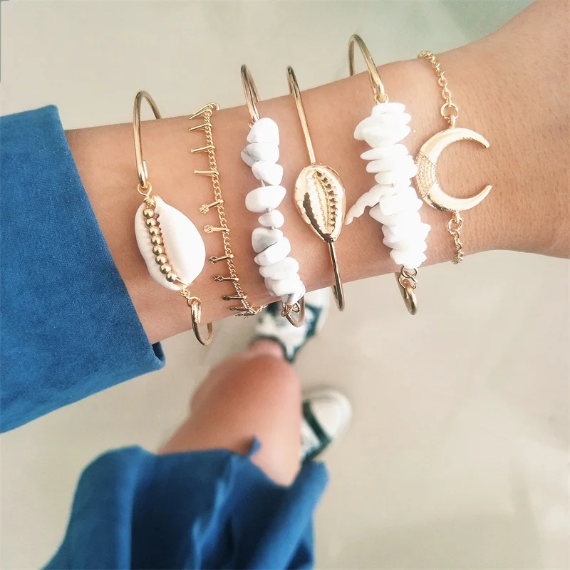 Женские многослойные браслеты 6 шт./партия Boho Золотой корпус бусины Луна подвеска