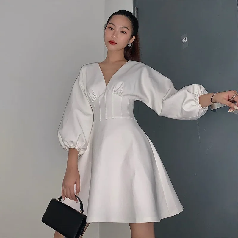 

LUOYIYANG Casual Dresses for Women V-neck Pleats To Tighten The Waist Fashion White Long Sleeve Mini Party Dress Women's
