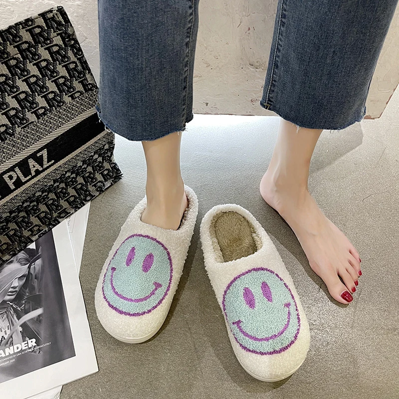 Женские хлопковые тапочки Smile, женские зимние плюшевые комнатные тапочки на плоской подошве, теплая обувь для влюбленных, 2021
