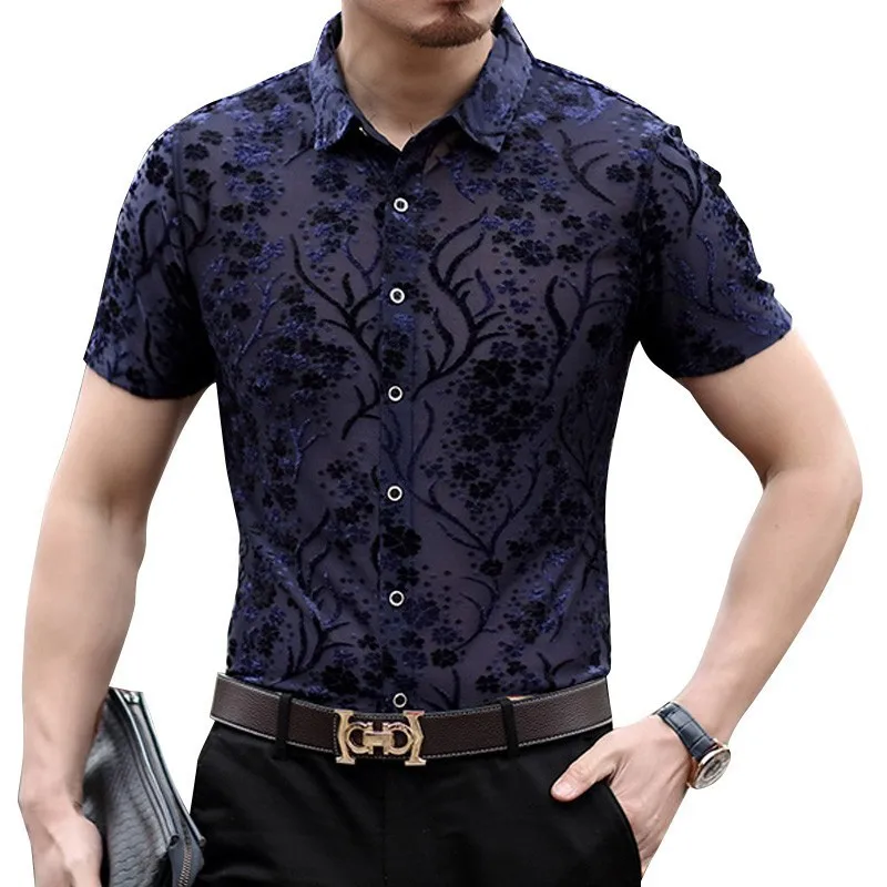 Черная синяя летняя уличная рубашка прозрачная с коротким рукавом Camicia Uomo Camisa