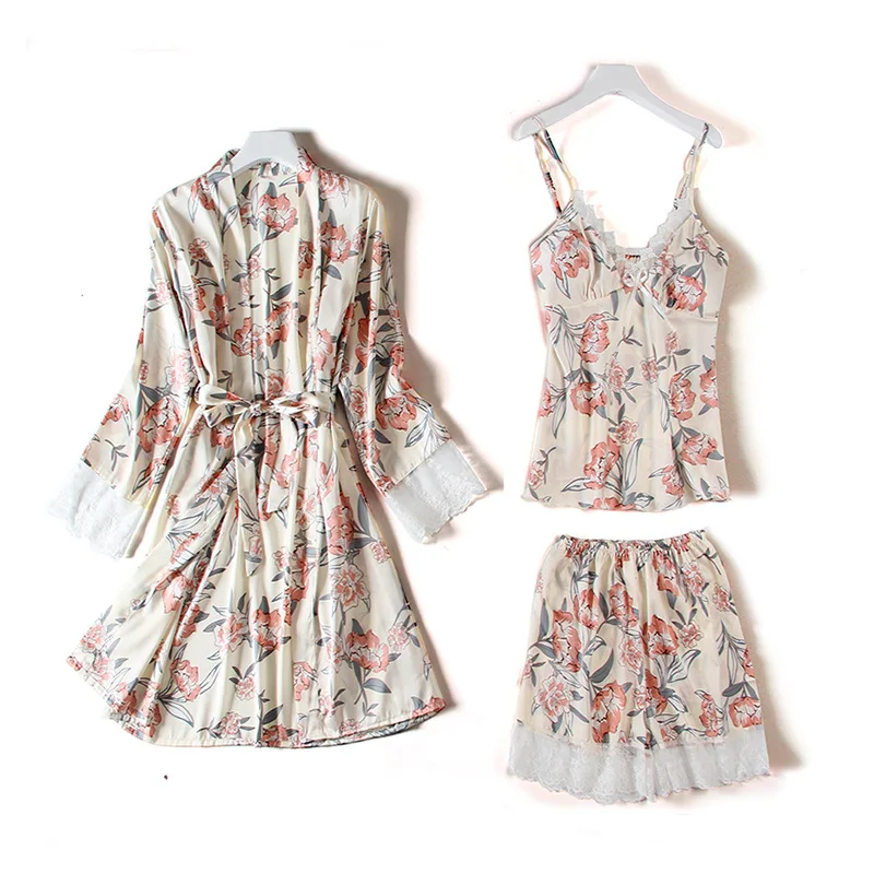 

Women Satin Nightwear 3PCS Dress Bathrobe Summer Flower Nightwear Daily Casual Lounge Sexy Comfortable Elegant Femme Lace
