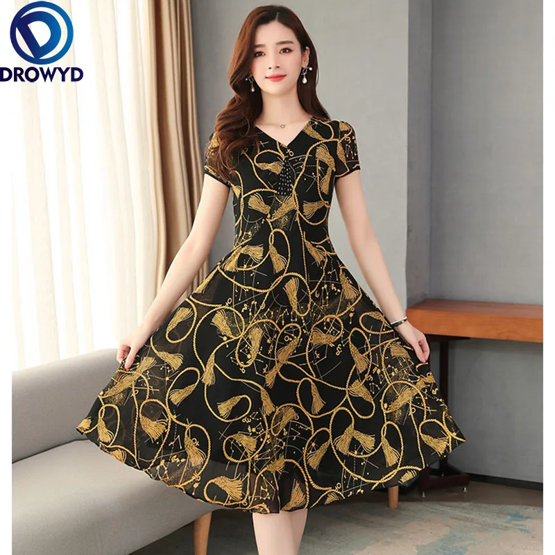 

Summer Printed Dress Waist Waist Mid-length Floral A-line Short Sleeve Temperament Ladies Loose Slim Fat Mm Slim Party Dresses