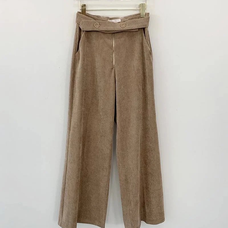 

2021 New Spring Fashion Corduroy 2-piece Set Single-breasted Top and High Waist Loose Straight-leg Pants Ladies Women's Suit