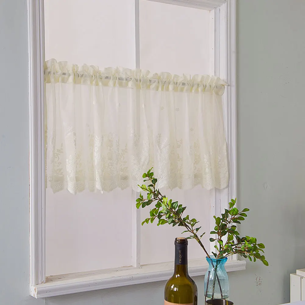 

Window Lace Curtains Kitchen Sheer Voile Rod Curtain Romantic For Bath Room Decoration Curtains Lace Window Beige White 130x41CM
