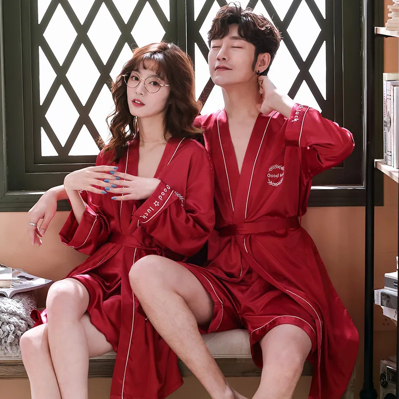 

Burgundy Lovers Silk Robe Gown Set Sexy 2 Pieces Lounge Set Satin Embroidery Sleepwear Robe Ladies Nightwear Solid Nightdress